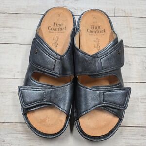 Finn Comfort Sandal Women 40(9-9.5) Blue Metallic Leather Slide Adjustable Strap